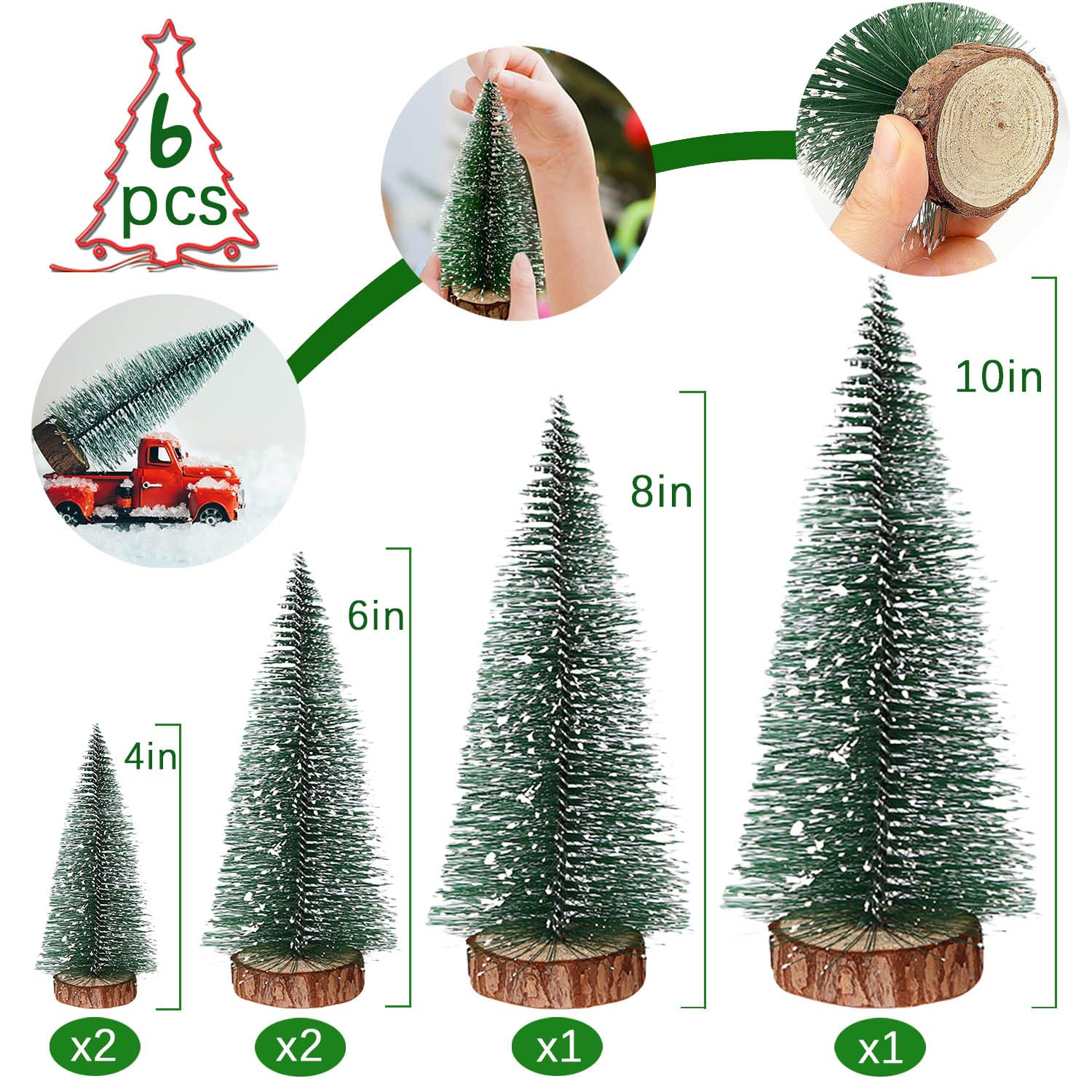 UPINLOOK 6PCS Mini Christmas Trees, Artificial Small Bottle Brush Trees Miniature Pine Trees with Snow and Wood Base for Xmas Holiday Party Tabletop Decors