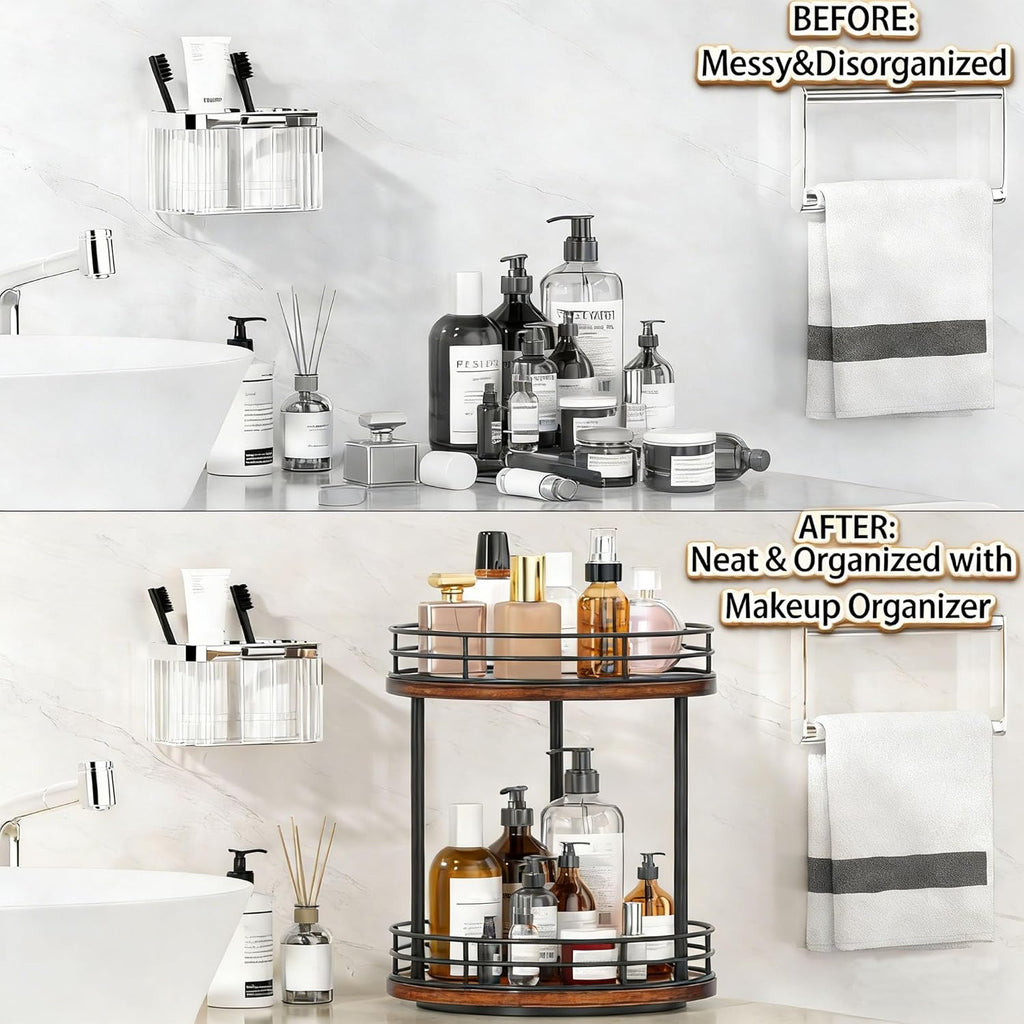Skiennix 2-Tier Rotating Makeup Organizer - Stylish Wooden Bathroom Countertop Storage | Brown