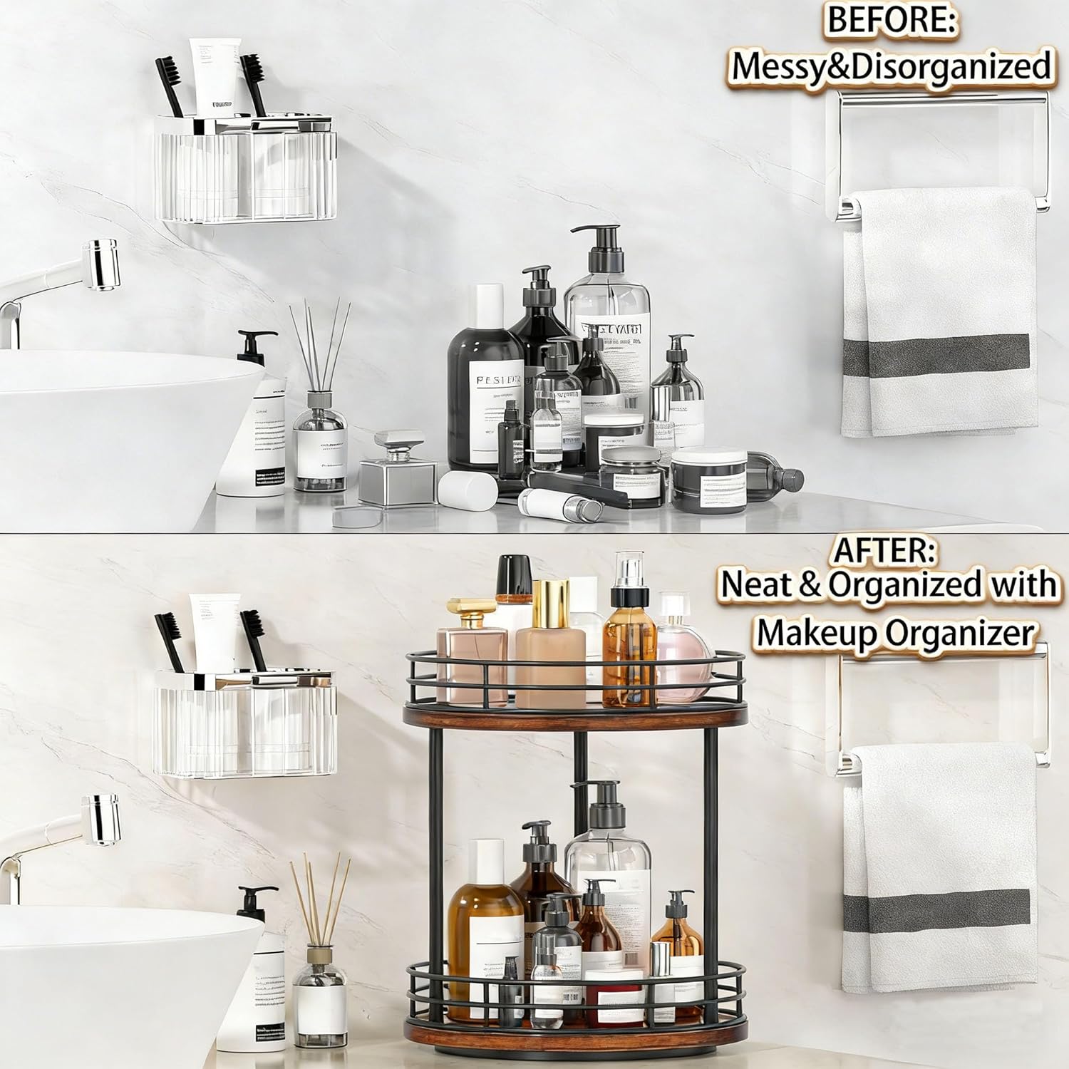 Skiennix 2-Tier Rotating Makeup Organizer - Stylish Wooden Bathroom Countertop Storage | Brown