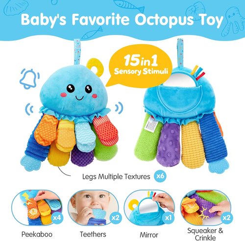 Hahaland Baby Sensory Toys - 15-in-1 Soft Tummy Time Toy with Crinkle Rattle & Mirror for Infant Development