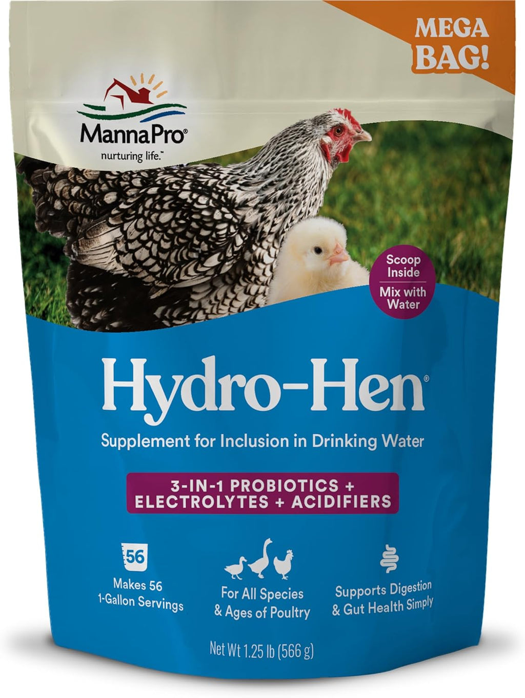 Manna Pro Hydro-Hen Poultry Electrolyte & Probiotic Supplement - Hydration Support for Chickens & Ducks, 20 oz