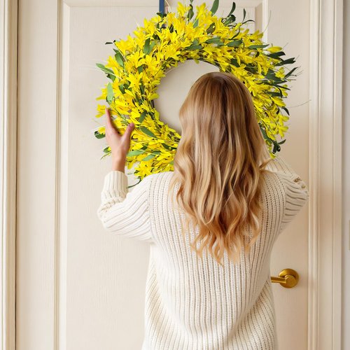 LOKEISNA Yellow forsythia Door Wreath, 24 Inch Summer Wreaths for Front Door Outside, Hand Made Artificial Forsythia Flower Wreath for Front Door Window Wall Farmhouse Home Gift