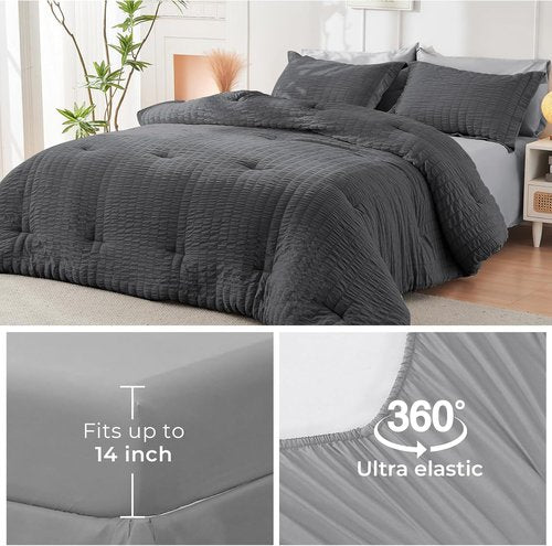 HYMOKEGE Queen Comforter Set - Luxury 7-Piece Bedding Set in Dark Grey/Light Grey for All Seasons