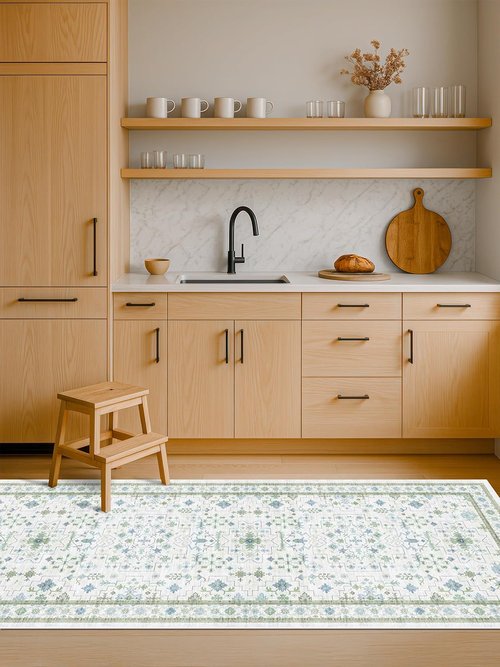 Hazo Haus Washable Oushak 2x6 Bathroom Runner Rug - Eclectic Boho Floral Design, Non-Slip & Stain Resistant in Cream Green