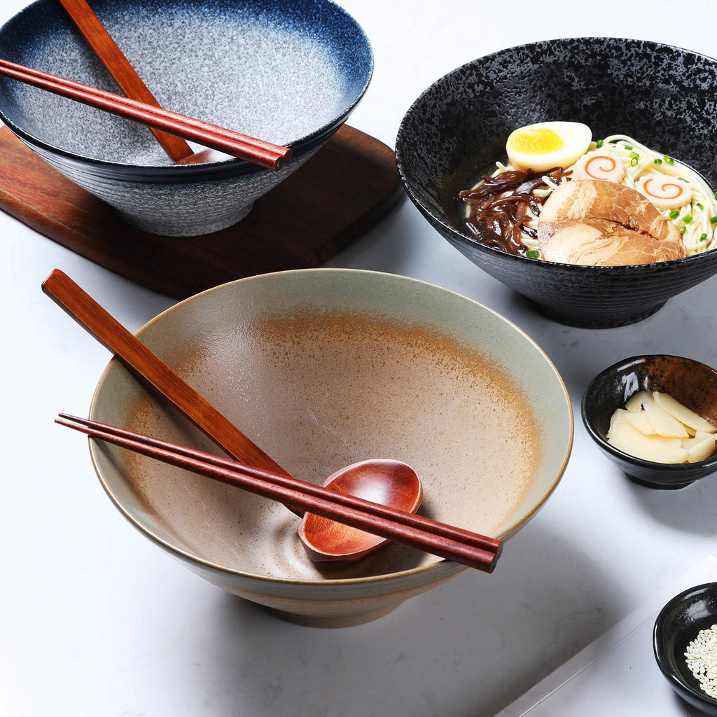 NJCHARMS Ceramic Ramen Bowl Set of 2, 60 oz Japanese Noodle Soup Bowls with Spoons and Chopsticks for Ramen Soup Pho Udon Asian Noodles, Large Noodle Bowls(Blue)