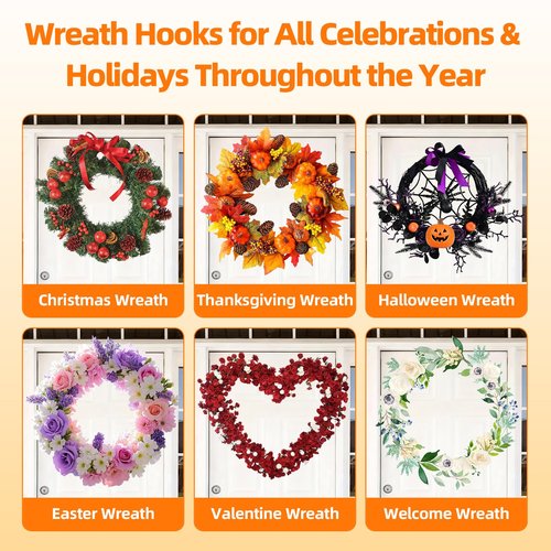 Suction Cup Wreath Hanger, No Drill Reef Hook for for Front Door/Window Glass/Over Door, New Year/Valentine/Easter/July 4th/Halloween/Thanksgiving/Christmas/Spring/Summer/Fall/Winter(Walnut, 2 Pack)
