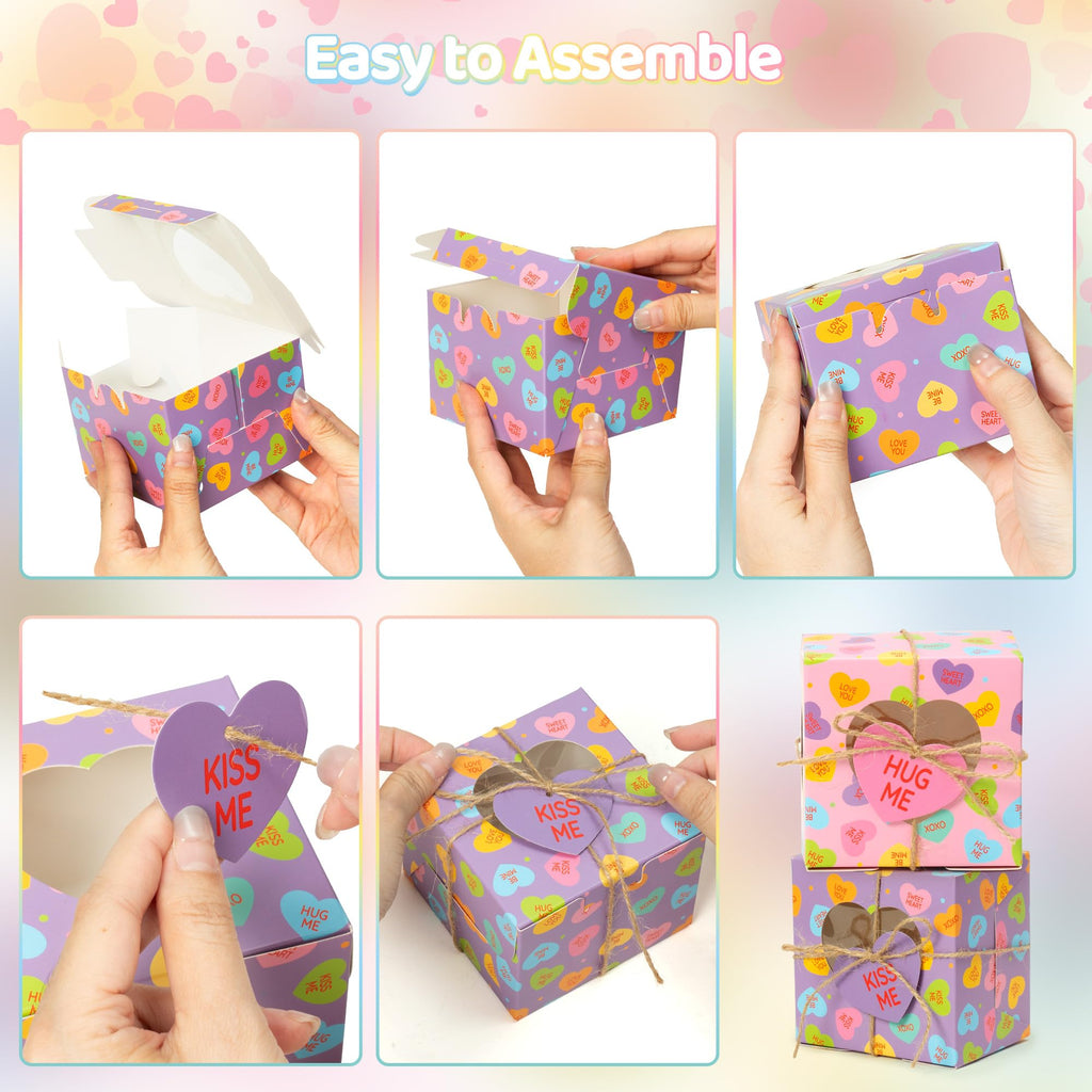 R HORSE 50Pcs Valentine's Day Bakery Treat Boxes, Valentines Candy Cookie Boxes with Heart Window, Cupcake Containers with Heart Shaped Cards for Cupcakes Donuts Chocolates Cookie Party Favor Supplies