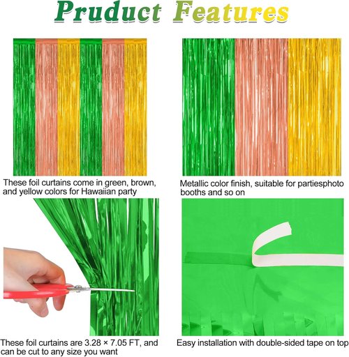 Hawaiian Party Decorations - 4 Pack Tinsel Backdrop | 3.28 FT x 7.05 FT Metallic Luau Decor
