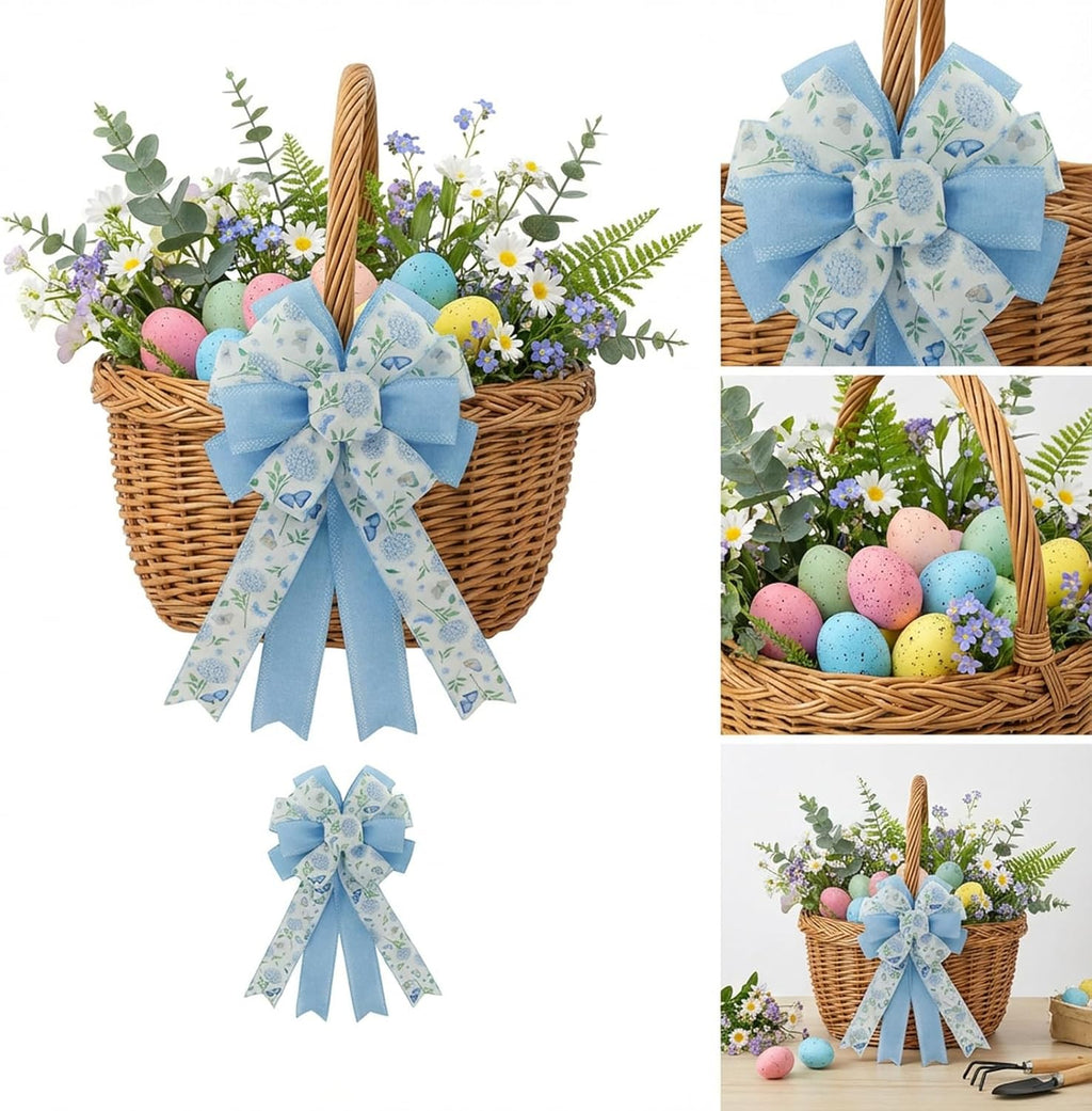 Skiennix 20.87-Inch Large Spring Bows - Blue Hydrangea & Butterfly Burlap Ribbon for Easter Decor | Indoor/Outdoor Use