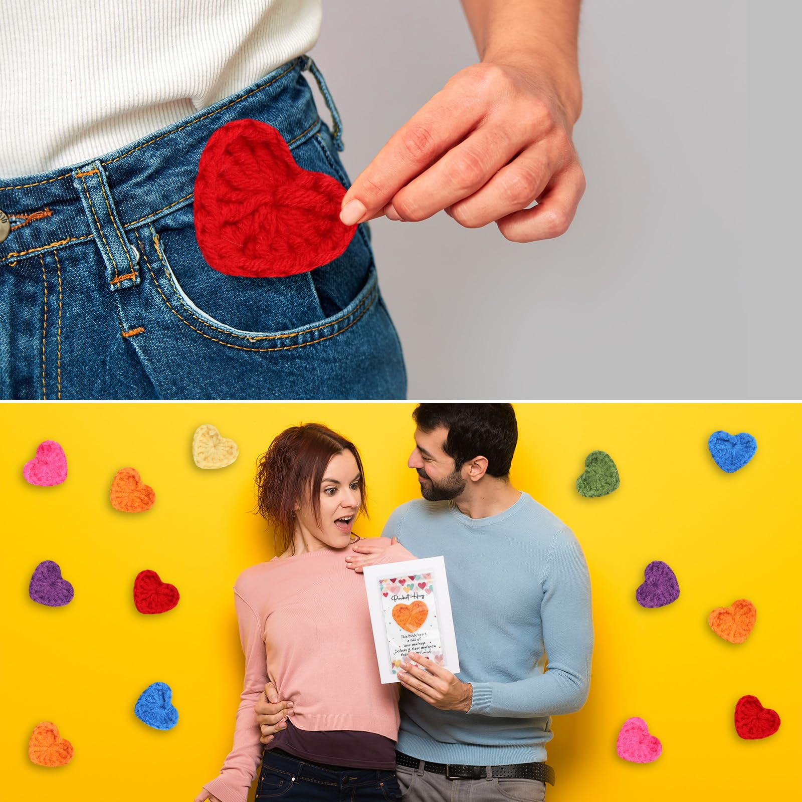Mindsoft 35 Sets Emotional Cheer Support Gift Bulk Cute Hand Crocheted Pocket Hug Heart Inspirational Cards and Bags Party Favor for Preschool Toddler Boy Girls