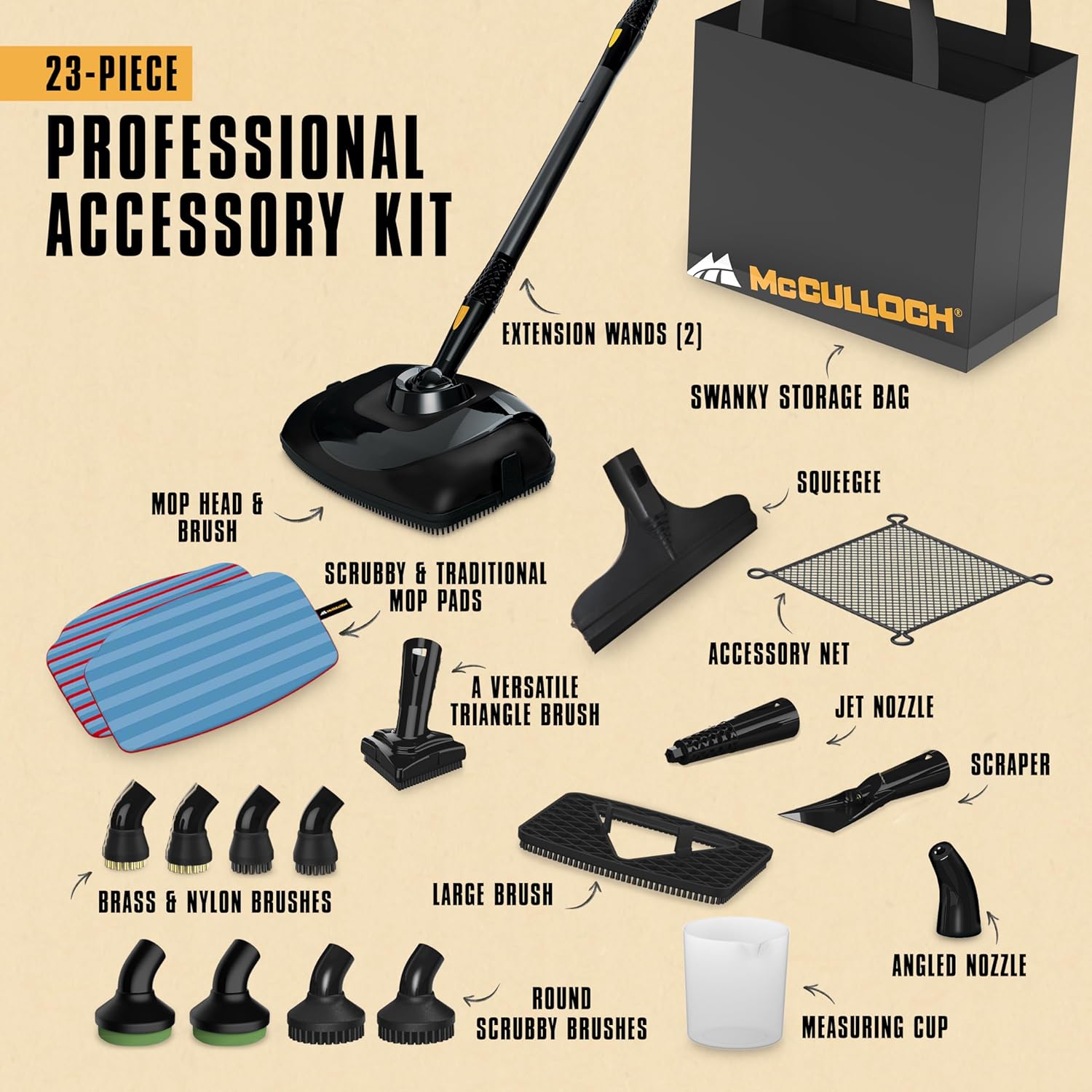 McCulloch MC1385 Deluxe Canister Steam Cleaner - 2-Hour Runtime, Chemical-Free, 23 Accessories for Home & Car Detailing