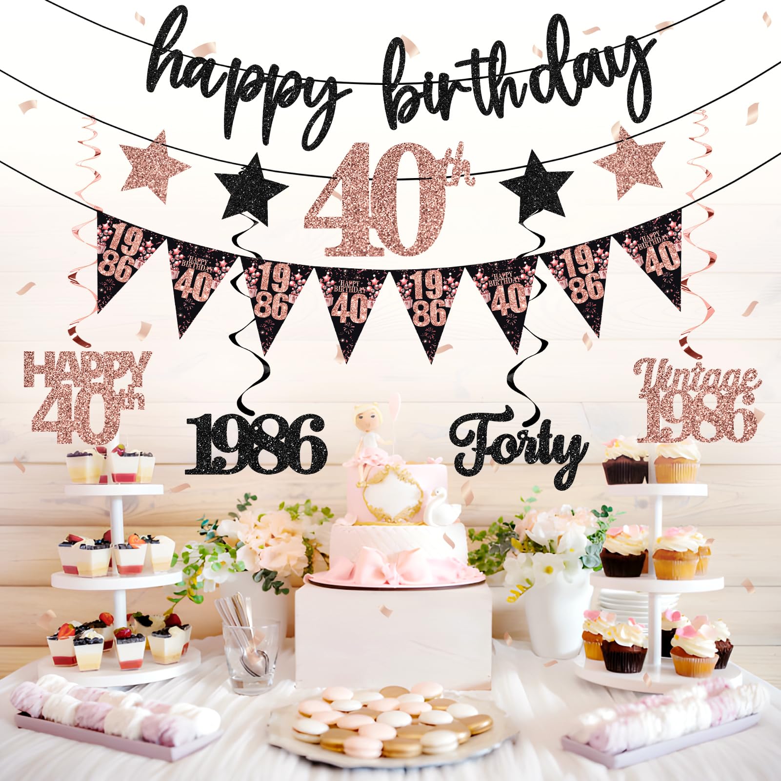 12PCS 40th Birthday Decorations for Women, Rose Gold Vintage 1986 Happy 40th Birthday Banner Triangle Flag Banner Glitter Hanging Swirls Party Supplies, Cheers to 40 Years Old Bday Decor
