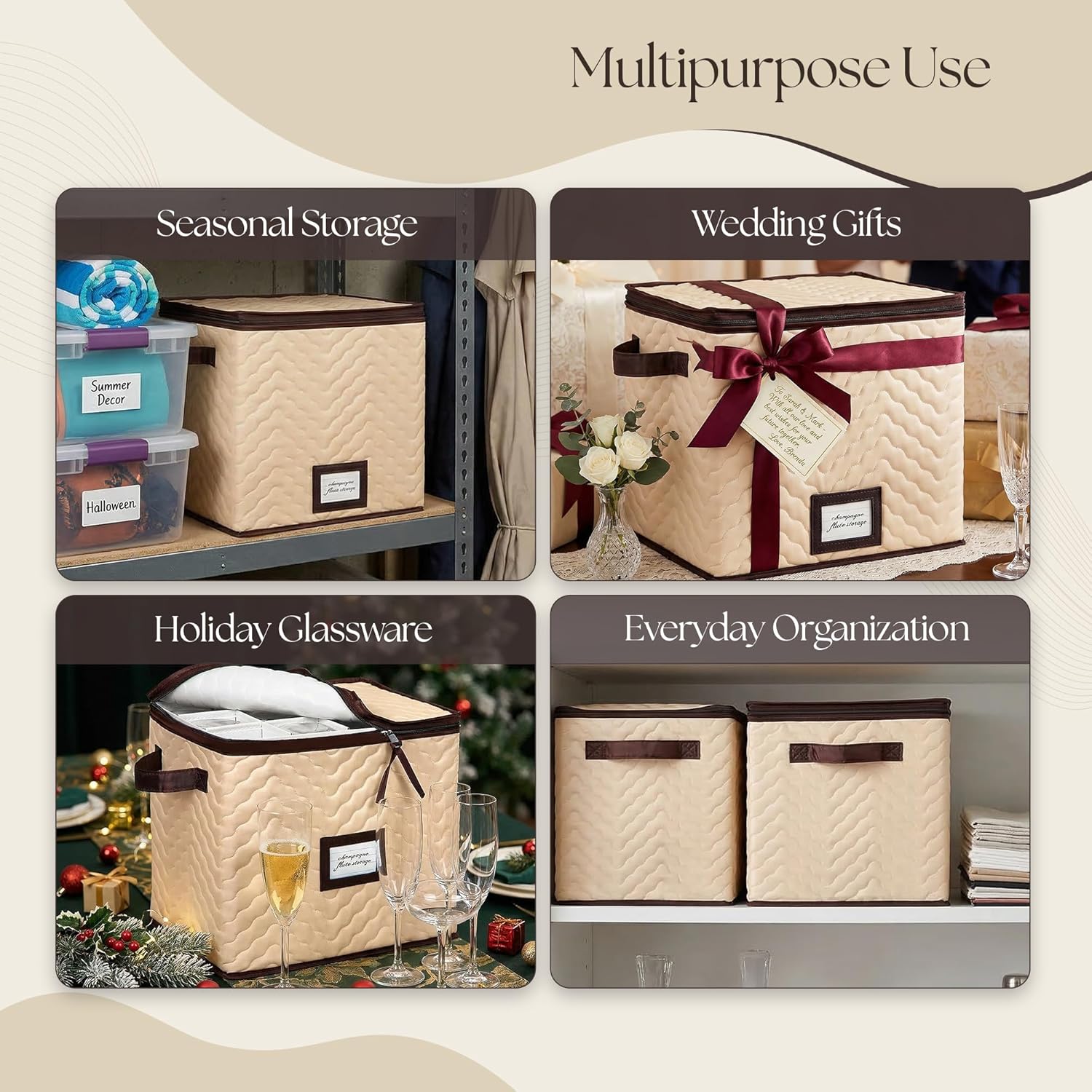 Skiennix Wine Glass Storage Box - Durable Quilted Microfiber Case with Dividers | Protects Stemware (1 Pack, Champagne Flute)
