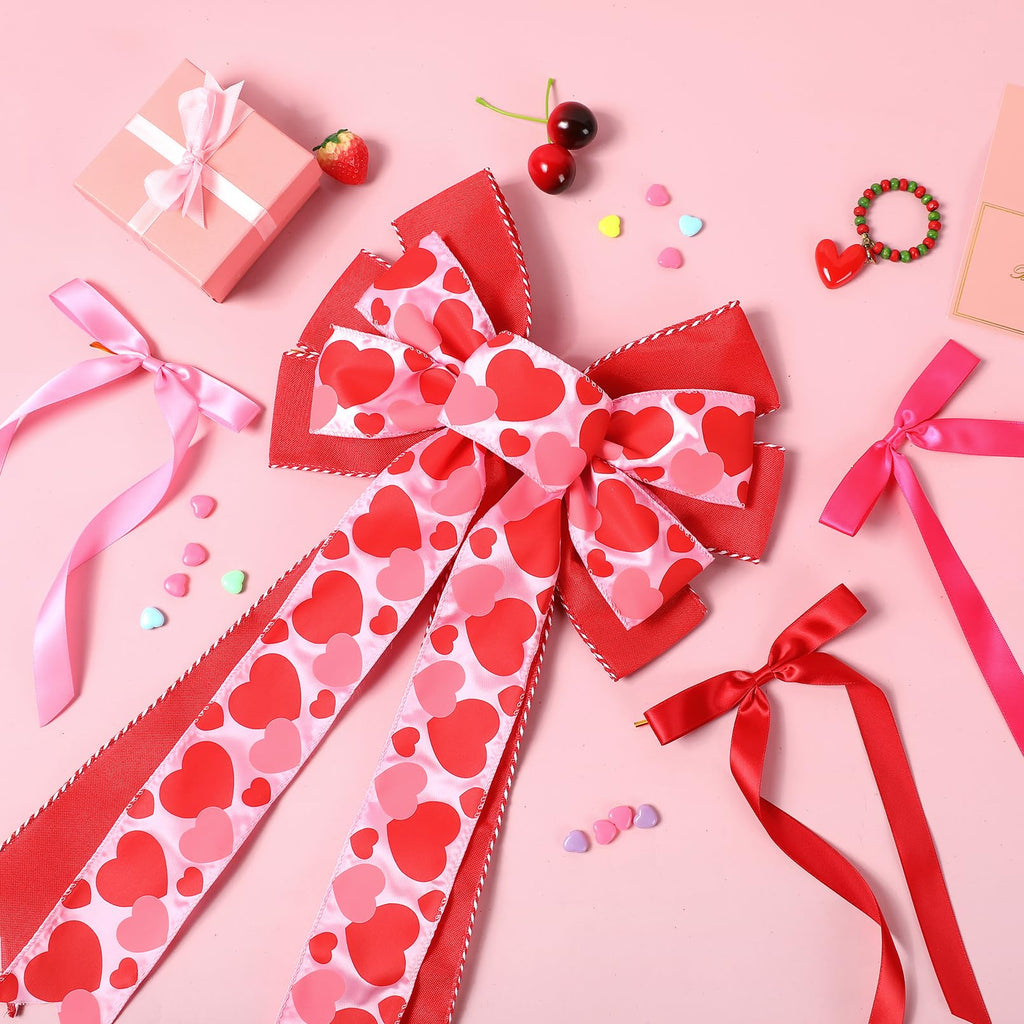 CEELGON Valentines Day Decorations Large Pink and Red Valentine Tree Topper Bow & 12 Pcs Long Satin Ribbon Bows Ornaments Wreath for Holiday Home Wall Decor