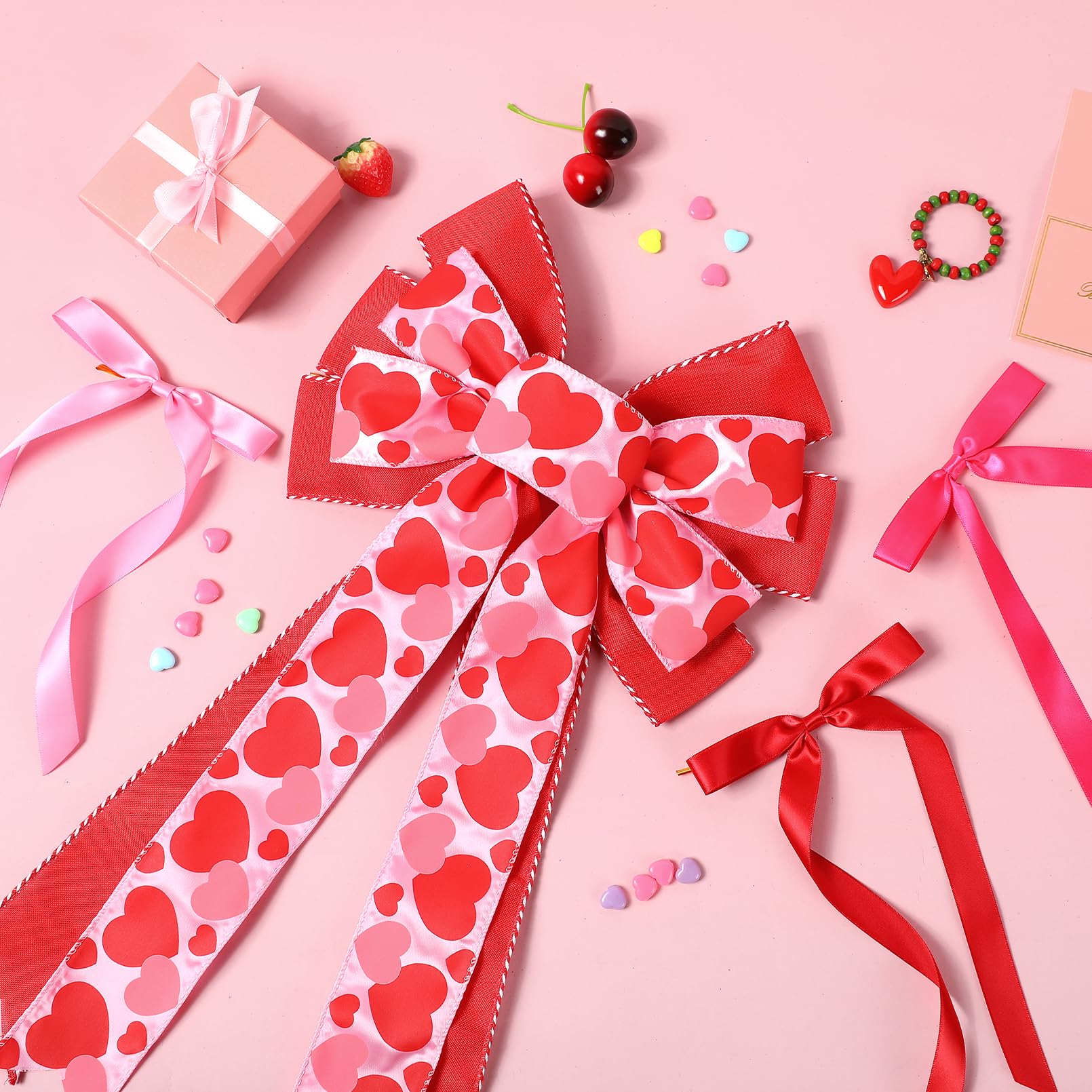 CEELGON Valentines Day Decorations Large Pink and Red Valentine Tree Topper Bow & 12 Pcs Long Satin Ribbon Bows Ornaments Wreath for Holiday Home Wall Decor