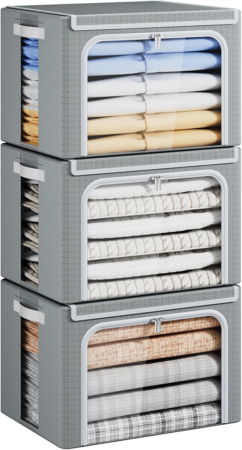 Yecaye Clothes Storage Bins - 40L Foldable Organizer with Metal Frame & Clear Window | Stackable Zippered Bags