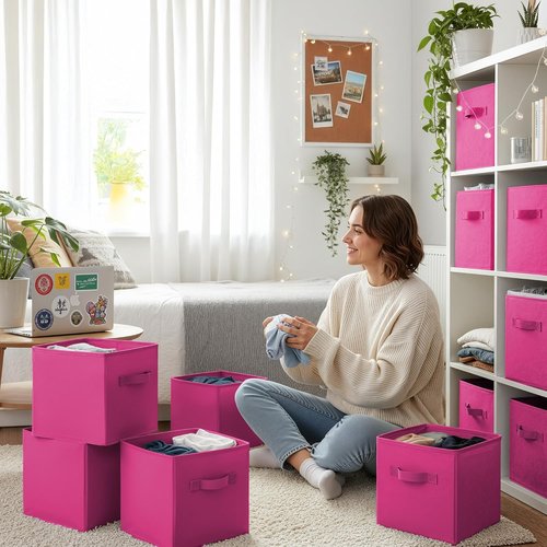 Granny Says 11-Inch Cube Storage Bins - Versatile Fabric Organizers for Kids' Rooms | Rose Red, 6-Pack