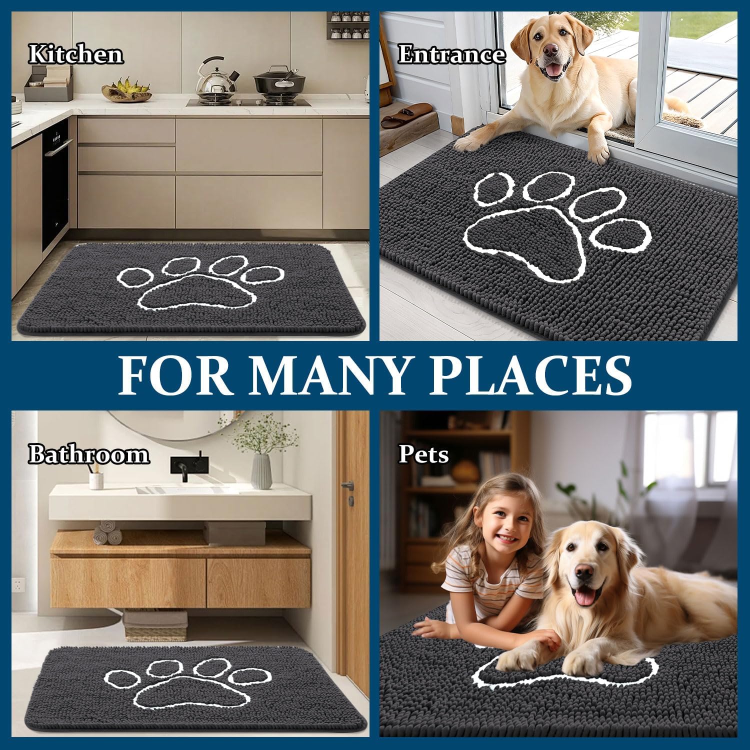 OLANLY Dog Door Mat - Absorbent Non-Slip Mud Mat for Paws | Quick Dry Chenille, 47x17, Dark Grey