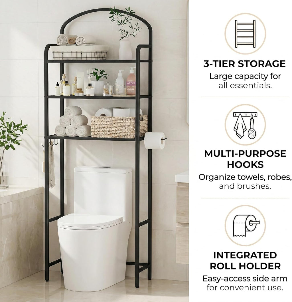Regine Switzerland Over The Toilet Storage Rack - 3-Tier Bathroom Organizer with Hooks & Paper Holder - Black Metal Shelf