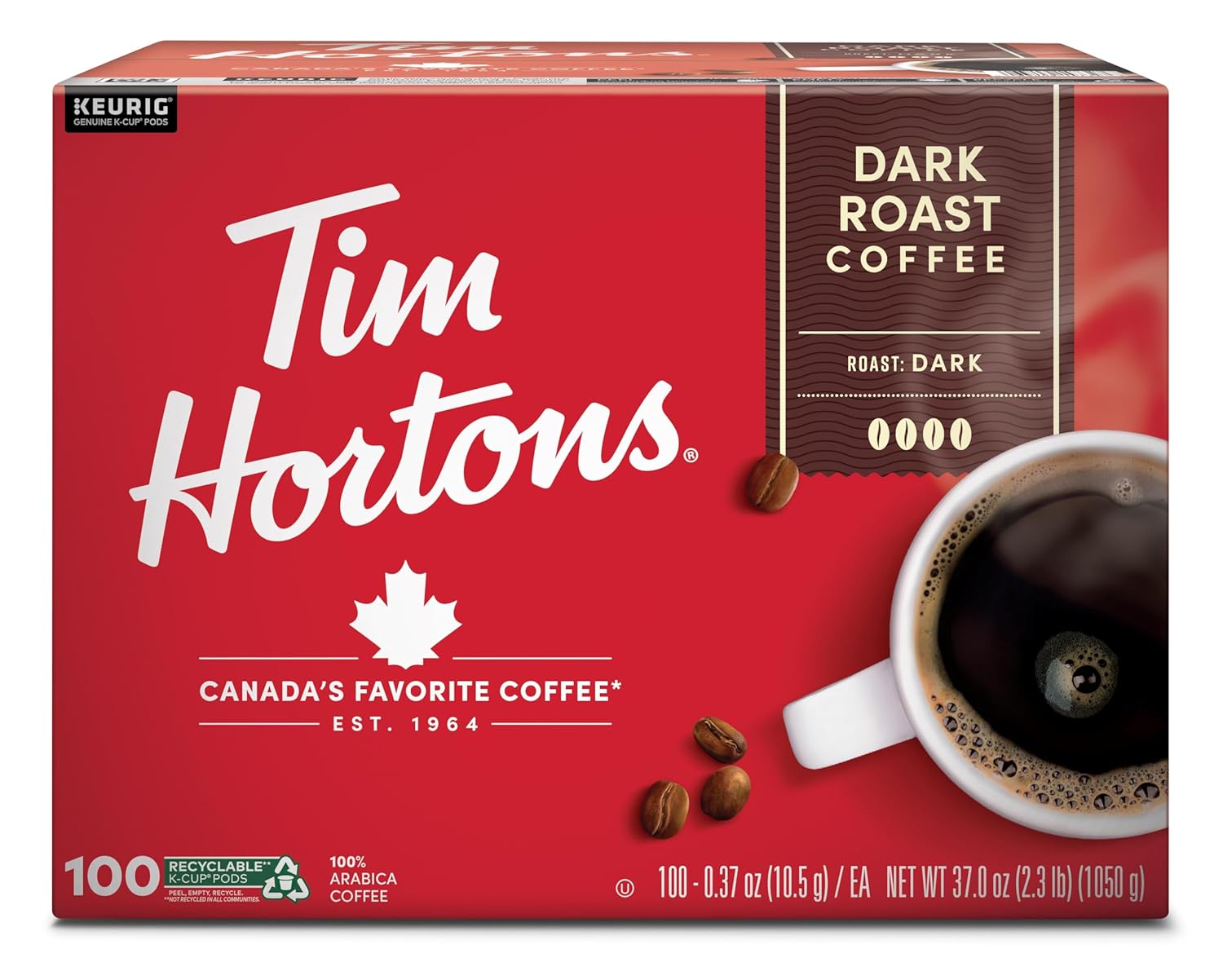 Tim Hortons Dark Roast Coffee K-Cup Pods - Single-Serve Compatible with Keurig Brewers | 100 Count