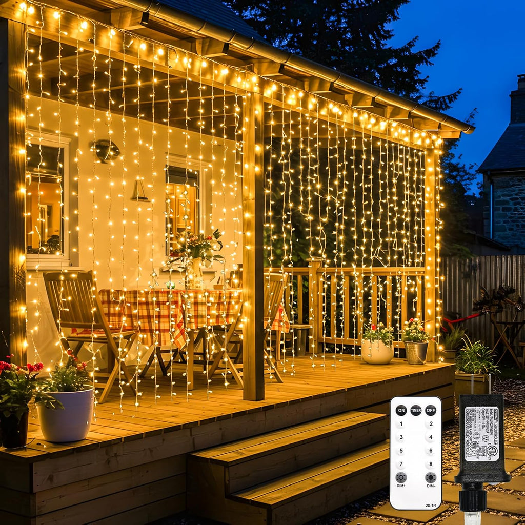 Suddus 600 LED Christmas Curtain Lights - 9.8x19.6ft Outdoor Wall Hanging Lights with Remote | Warm White Decor for Weddings, Parties, and Holidays