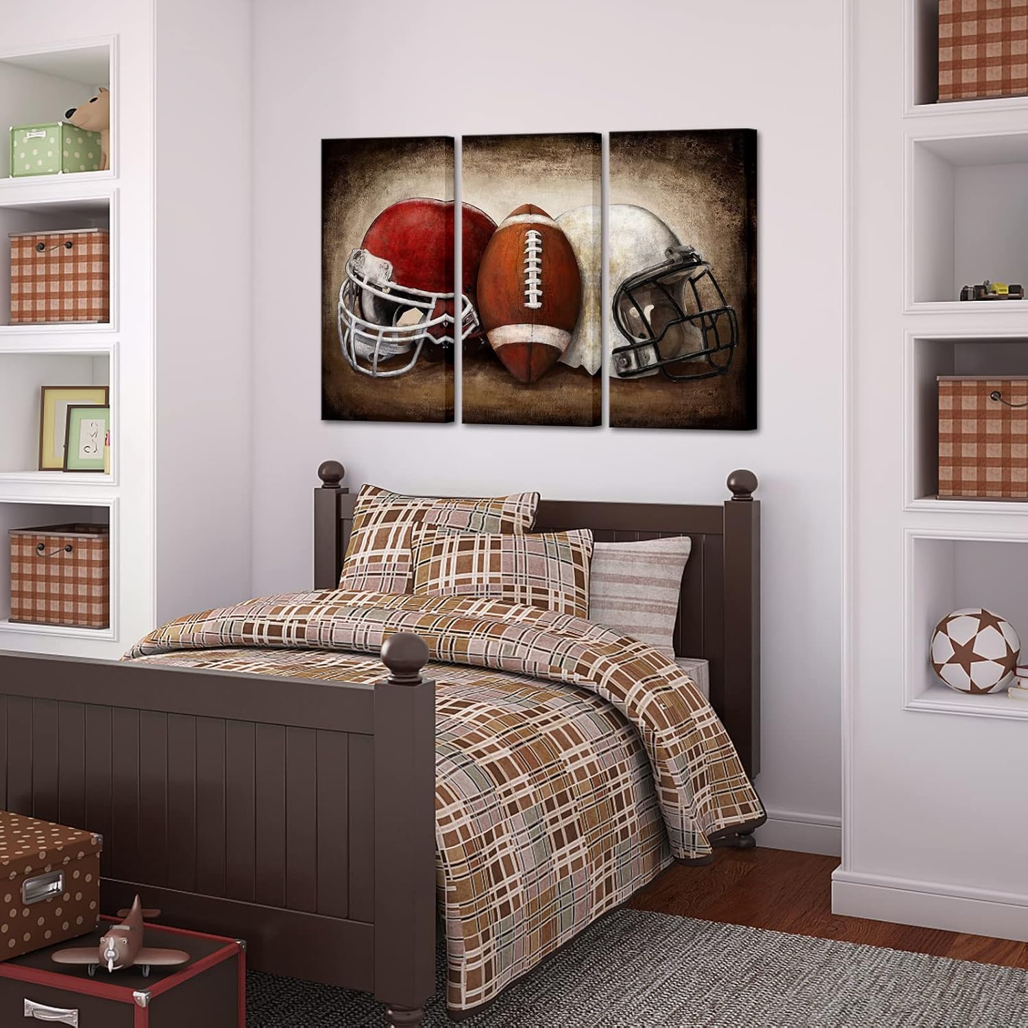 Skiennix Football Canvas Wall Art - Vintage American Football Paintings for Boys' Bedroom | 16"x32" Set of 3