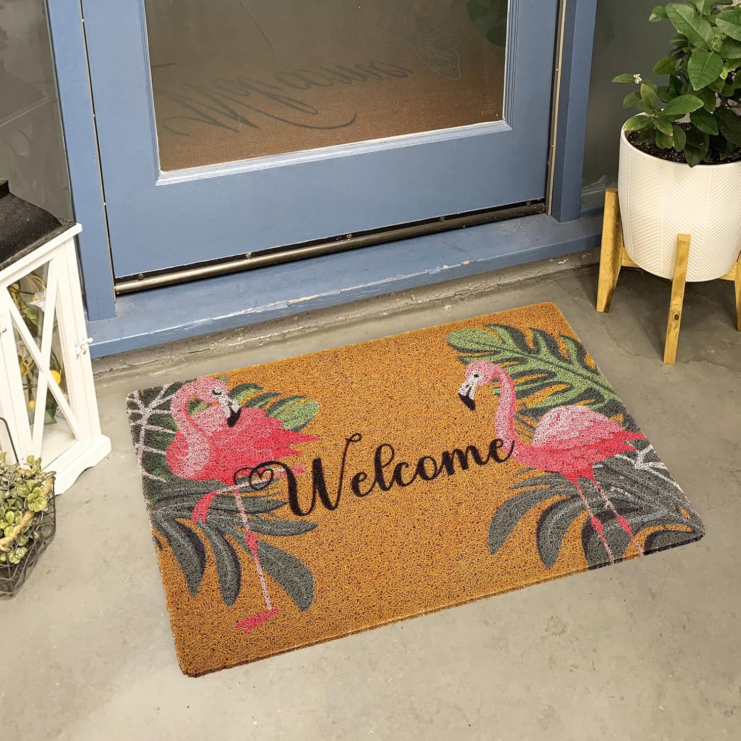Tinideya Flamingo Welcome Door Mat - Tropical Palm Leaves Design | Non-Slip Rubber, Washable, 17x29 Inch