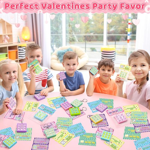 IJIGU Valentines Day Cards for Kids School, 24 Pcs Tic-Tac-Toe Keychains with Valentines' Cards, Valentines Day Exchange Gifts for Kids, Ideal Classroom Prize & Party Favors Supply