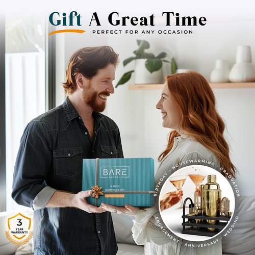 BARE BARREL® Mixology Bartender Kit Bar Set | 14-Piece Cocktail Shaker Set | Martini Barware Mixing Tools for Home Bartending | 35 Recipe Cards | Gift Set (24oz Cobbler Shaker, Gold/Black)