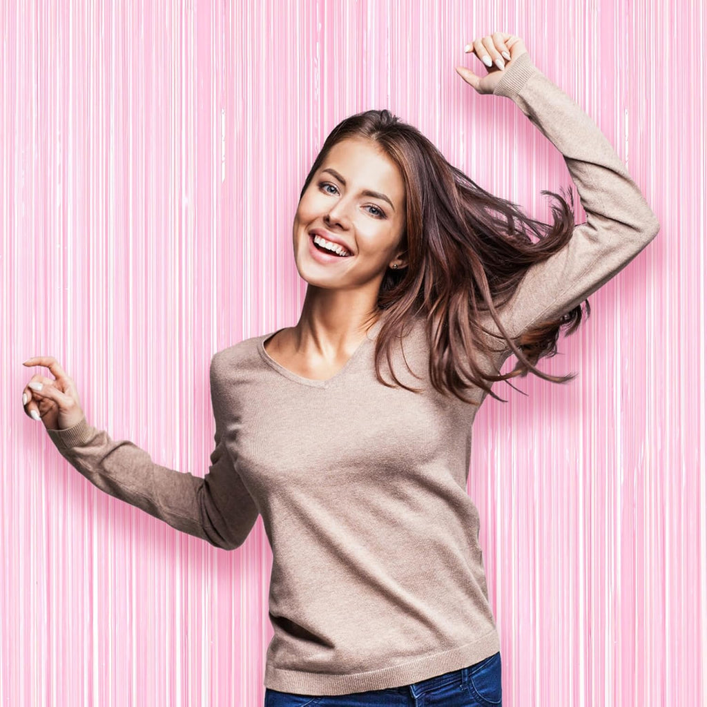 Voircoloria Foil Fringe Backdrop Curtains - 3 Pack of 3.3 x 8.2 Ft Pasel Pink Tinsel Streamers for Parties