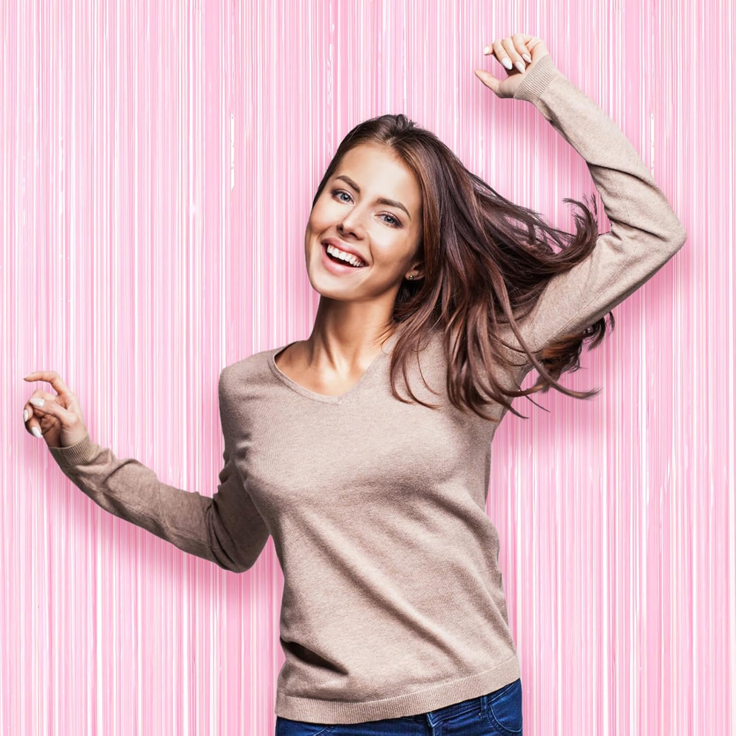 Voircoloria Foil Fringe Backdrop Curtains - 3 Pack of 3.3 x 8.2 Ft Pasel Pink Tinsel Streamers for Parties