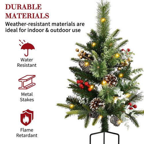 Pre-Lit Pathway Christmas Tree(2 Pack), Artificial Christmas Urn Filler with LED Lights, Golden & Red Berries, Pine Cones, Outdoor Light Up Planter Filler Holiday Home Decor