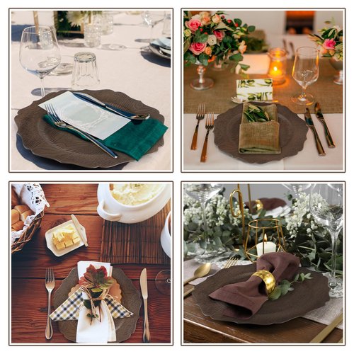 Mifoci 12 Pcs 13" Rustic Brown Wooden Textured Acrylic Chargers Plates with Scalloped Rim Round Faux Wood Chargers for Dinner Plates for Fall Thanksgiving Day Wedding Party Table Decor