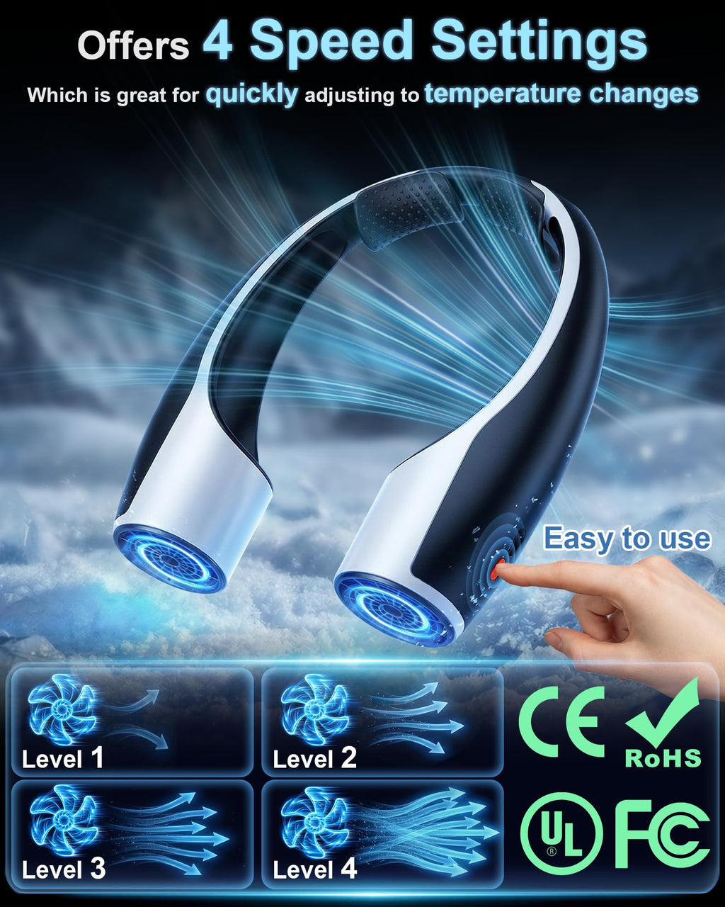 Rohent Portable Hands-Free Neck Fan - 4000mAh Battery, USB-C Rechargeable, Ultra-Quiet, 4 Adjustable Speeds – Perfect for Office, Outdoor, and Travel Use