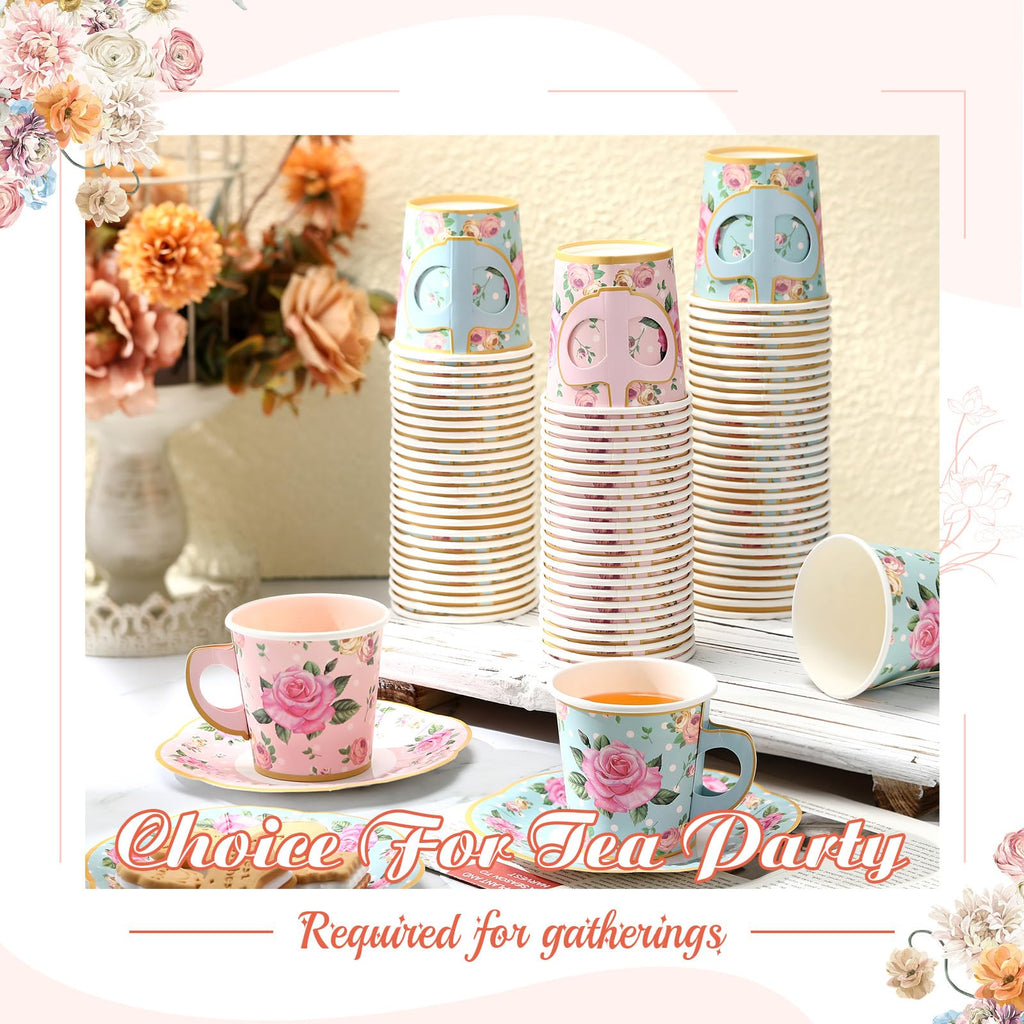 Umigy 60 Sets Mother's Day Tea Party Decorations 9 oz Floral Paper Teacups & Saucer Set for Girls Women Tea Parties Mothers Day Bridal Shower Wedding Birthday Party Decorations(Pink, Blue)
