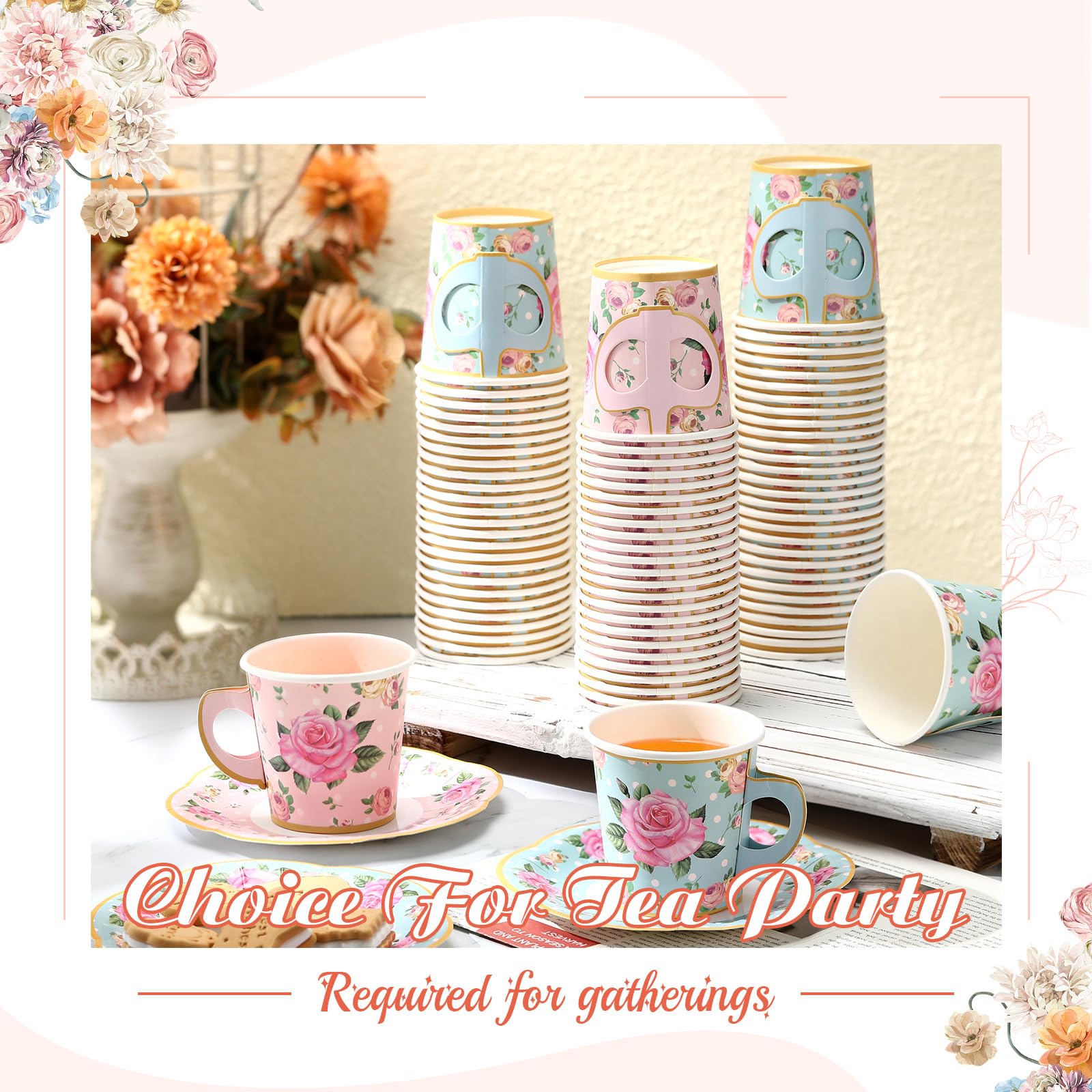 Umigy 60 Sets Mother's Day Tea Party Decorations 9 oz Floral Paper Teacups & Saucer Set for Girls Women Tea Parties Mothers Day Bridal Shower Wedding Birthday Party Decorations(Pink, Blue)