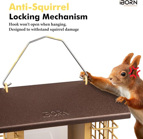 iBorn Bird Feeders - Weatherproof Suet Feeder with Double Holders | 3.2 LB Capacity, Coffee Roof & Yellow Grid
