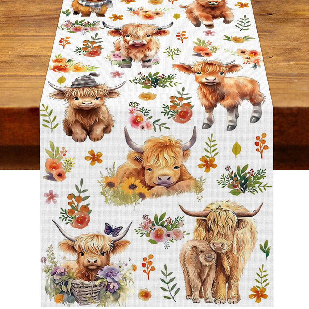 Heyfary Highland Cow Table Runner Spring Summer Fall Cowgirl Cowboy Floral Western Birthday Party Decorations Home Kitchen Dining Room Table Decor