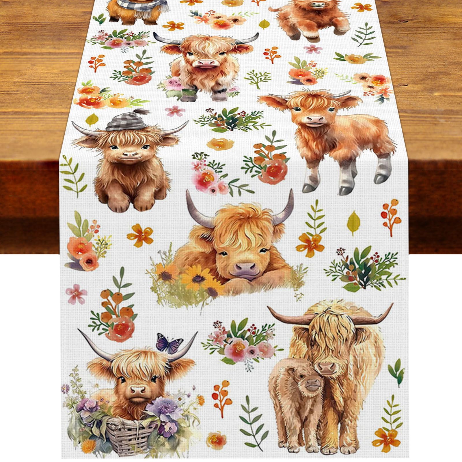 Heyfary Highland Cow Table Runner Spring Summer Fall Cowgirl Cowboy Floral Western Birthday Party Decorations Home Kitchen Dining Room Table Decor