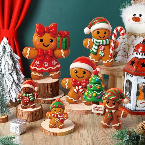 AceOrbit 8-Inch Large Gingerbread Man | Rustic Wooden Christmas Table Decoration - 6 Pcs Set
