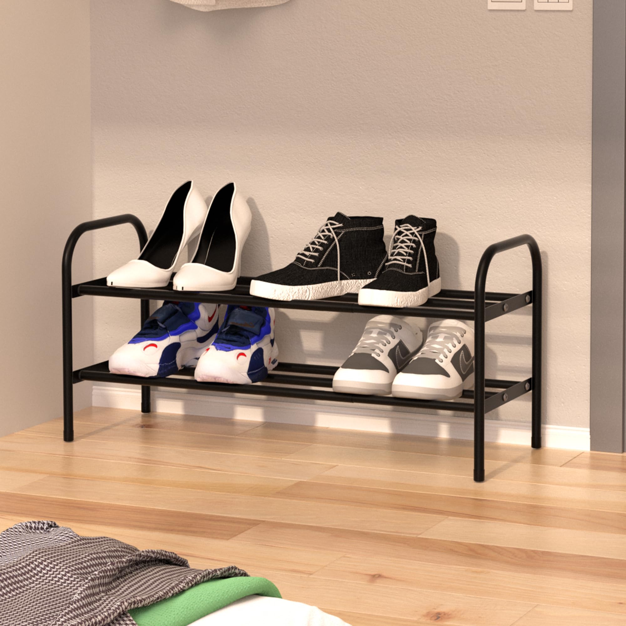Flurose 3-Tier Expandable Shoe Rack, Adjustable Width Shoe Organizer for Closet & Entryway, Extendable Metal Shoe Rack for Inside Closet, Space-Saving Shoe Storage Shelf Stand – Black