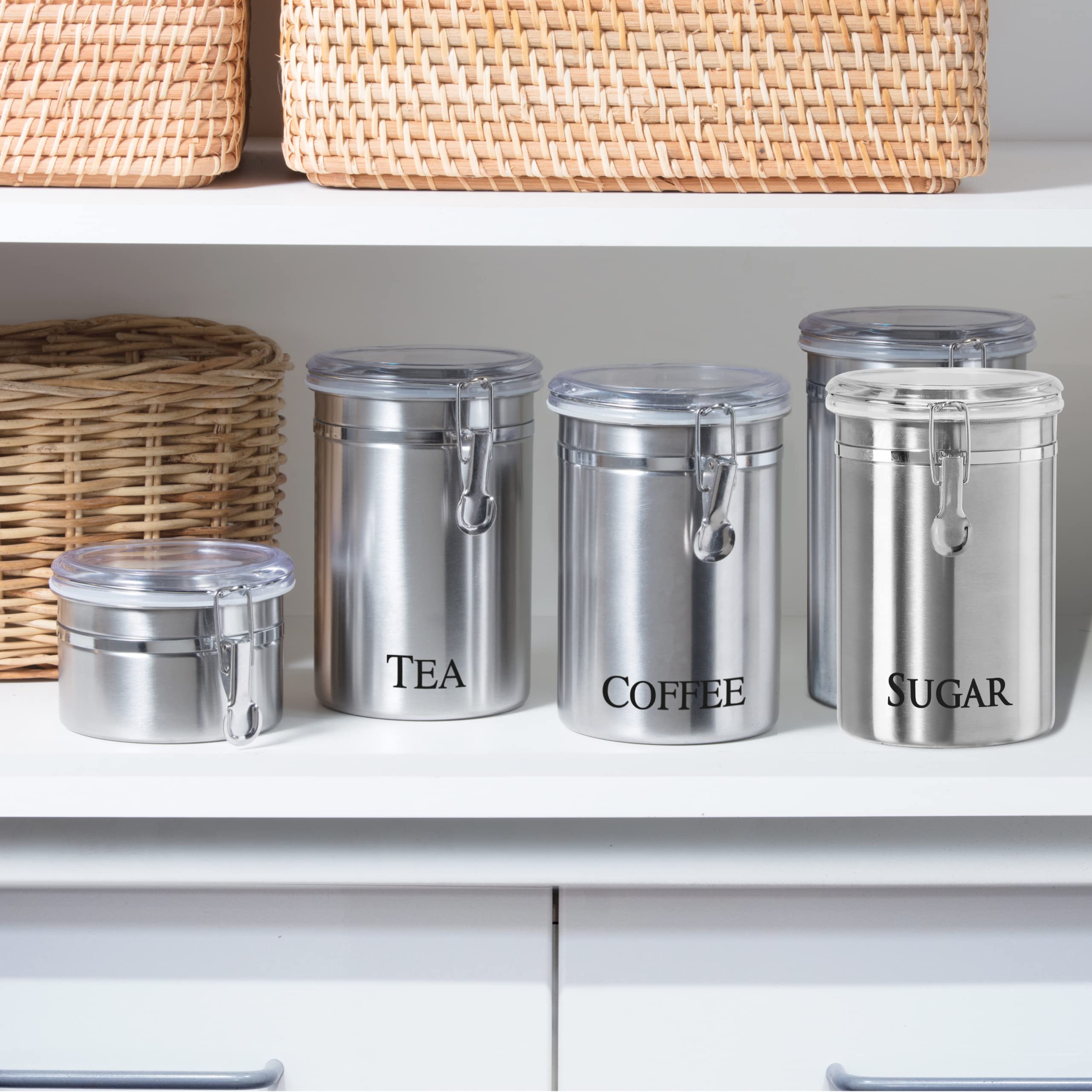 Oggi Stainless Steel Sugar Canister 62 fl oz - Airtight Clamp Lid, Clear See-Thru Top - Ideal Sugar Container for Countertop, Sugar Jar, Bulk Sugar Storage. Large Size 5" x 7.5".