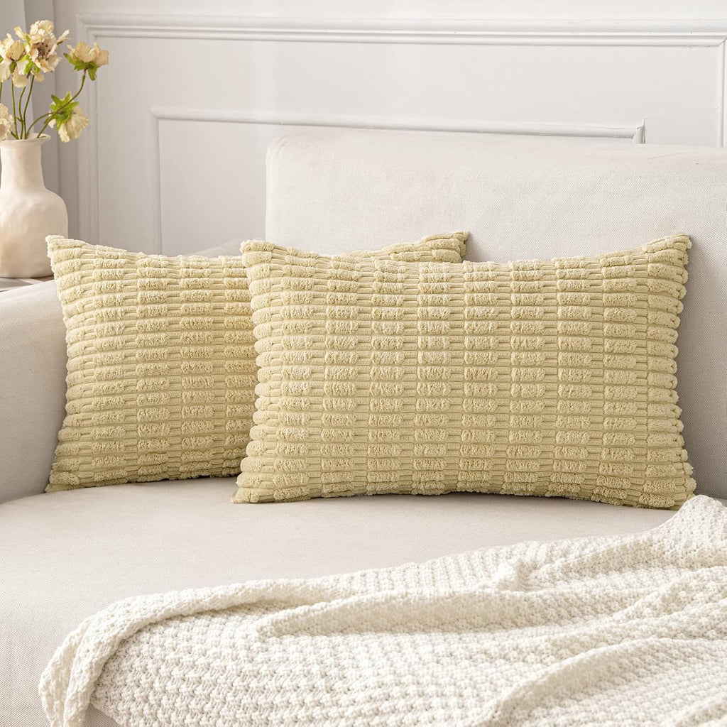 MIULEE Corduroy Lumbar Throw Pillow Covers - Soft Boho Striped Design | 20x12 Inch Beige for Modern Home Decor