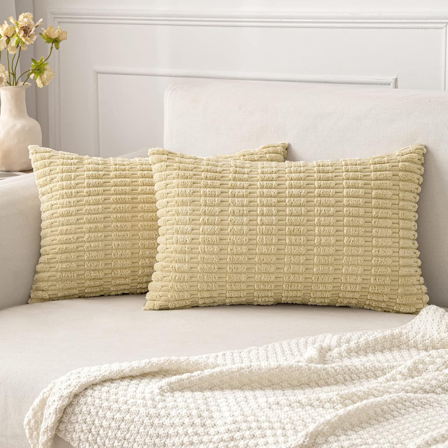 MIULEE Corduroy Lumbar Throw Pillow Covers - Soft Boho Striped Design | 20x12 Inch Beige for Modern Home Decor