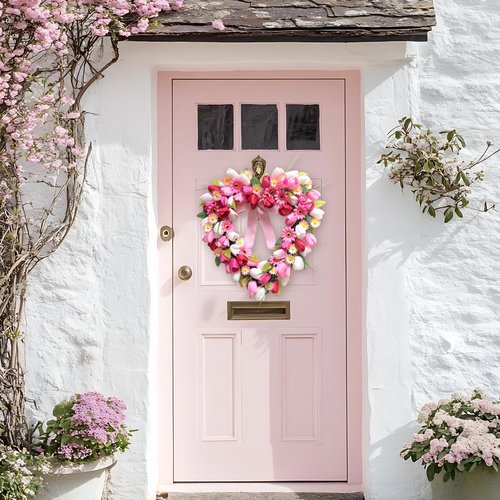 Bibelot Valentine's Day Heart Shaped Tulip Wreath, 20 Inch Pink White Tulip Floral Wreath for Front Door, Artificial Flower Heart Wreaths for Wedding Anniversary Festival Decorations