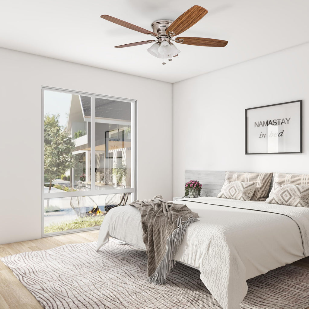 Honeywell Ceiling Fans Glen Alden, 52 Inch Classic Flush Mount Indoor LED Ceiling Fan with Light, Pull Chain, Quick-2-Hang Dual Finish Blades, Reversible Motor - 50182 (Brushed Nickel)