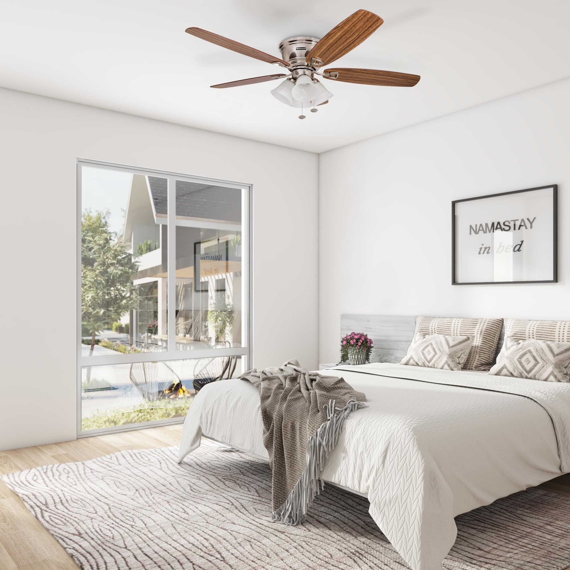 Honeywell Ceiling Fans Glen Alden, 52 Inch Classic Flush Mount Indoor LED Ceiling Fan with Light, Pull Chain, Quick-2-Hang Dual Finish Blades, Reversible Motor - 50182 (Brushed Nickel)