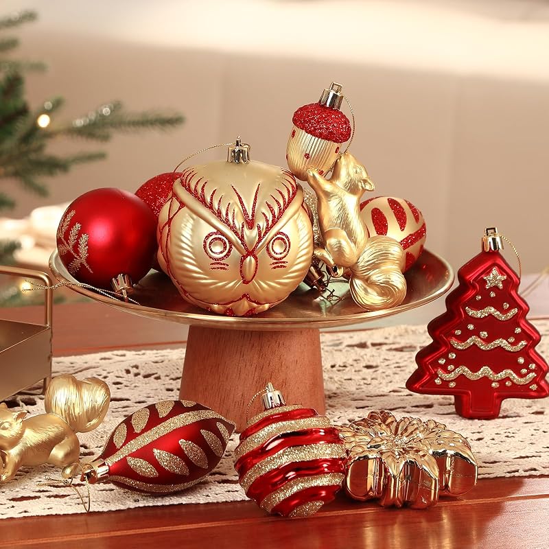 Christmas Tree Ornaments Set 96pcs - Shatterproof Plastic Baubles with Forest Animal Designs in Red & Gold