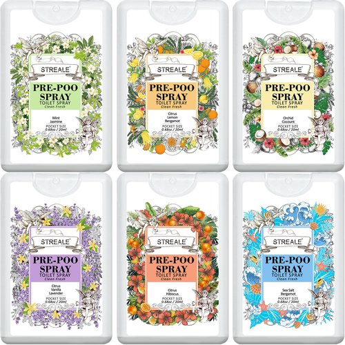 STREALE Travel Size Toilet Spray 6-Pack, Travel Essentials Toiletries, Pocket Size Pre-Poo Spray, Bathroom Odor Deodorizer, Up to 240 Uses, 6 Refreshing Scents (6-Pack, Citrus)