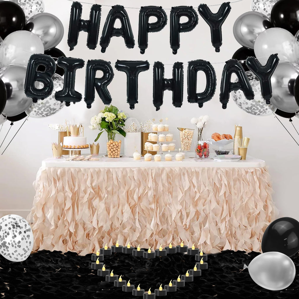 Birthday Decorations for Men - Black and Silver Birthday Decorations Include Letter Balloon Banner & Balloons & 1000 PCS Rose Petals & 24 Pack LED Tealight Candle, Black and Silver Party Supplies